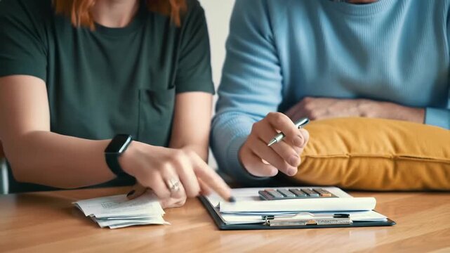 Couple Planning Finances Analyzing Bills, Calculating Expenses, Budgeting for the Future