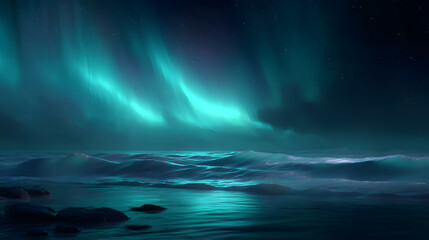 Naklejka premium Dancing Lights: The ethereal glow of the aurora borealis paints the night sky in vibrant shades of green and blue, casting an otherworldly reflection on the tranquil waters below.