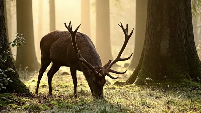 Majestic stag with impressive antlers grazing peacefully in a sun dappled forest clearing, showcasing natural behavior and habitat. Wide shot, shallow depth of field, golden hour lighting.