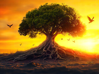 Golden Sky and Flying Birds Above a Tree with Deep Roots Symbolizing Freedom