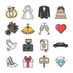 A colorful collection of wedding-themed line art icons Set of vector illustrations for marriage celebration including rings dress cake and tuxedo.