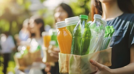 A woman holding a bag of plastic bottles and juice boxes in a green outdoor setting.