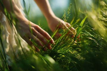 Hands gently touching green grass during a sunny day in a lush field