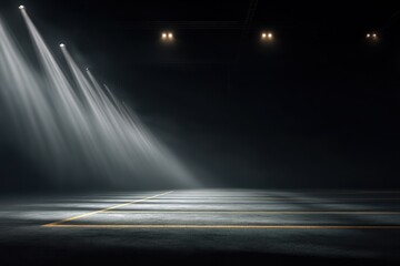 Lights shine in an empty parking lot at night, creating a dramatic atmosphere with shadows and reflections