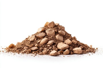 Mount of natural brown soil with various stone sizes on a white background