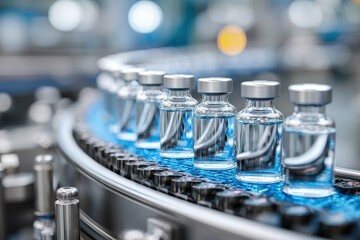Vials of medicine move along a production line in a pharmaceutical facility during daylight hours