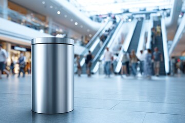 Modern metallic trash can stands in busy shopping mall near escalators during daytime