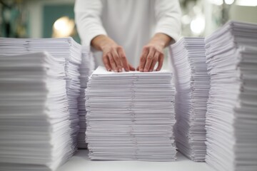 Stacks of white paper being organized by hands in a bright workspace during a busy office day