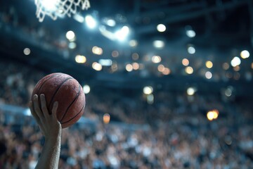 Exciting moment during a basketball game as a player prepares to shoot the ball in a packed arena