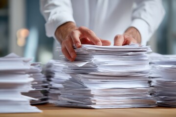 Organizing a large stack of documents on a wooden table during a busy workday in a modern office environment
