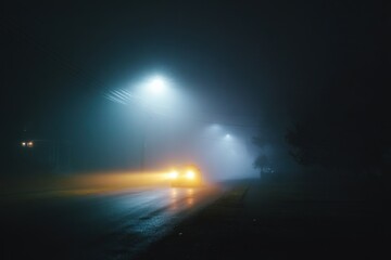 Nighttime drive through thick fog with streetlights illuminating the road ahead