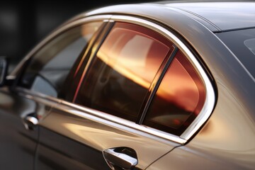 Elegant silver car door with tinted windows reflecting sunset colors near urban setting during evening time