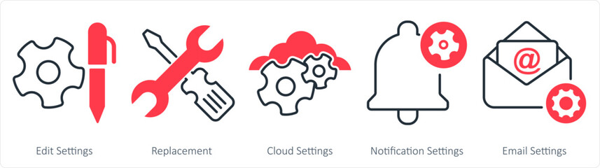 A set of 5 business icon as edit settings, replacement, cloud settings