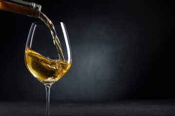 Pouring a glass of golden wine against a dark background in a cozy dining setting