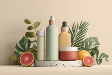 Natural skincare products displayed artistically with fresh fruits and greenery on a neutral background