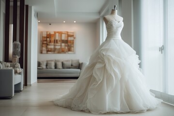Elegant wedding dress displayed in modern bridal shop interior during daylight