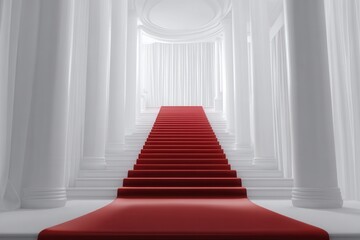 Red carpet leads up a grand staircase in a minimalist white setting with tall pillars and sheer drapes