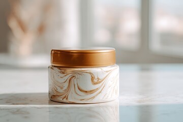 Glossy jar with golden lid sits on marble counter near window with soft sunlight