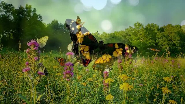 Macro level details of a butterfly's wings as it gently sips nectar from a vibrant, dew kissed blossom, showcasing intricate patterns and delicate movements.