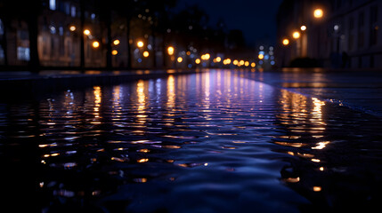 Reflection in the Night: Rain-kissed city streets, reflecting the warm glow of streetlights, create a moody atmosphere, inviting the viewer into an urban scene of solitude and beauty.
