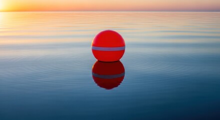 A red buoy floating on calm water at sunset.