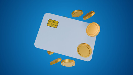 Credit or debit card and coins floating on a blue background. Investment and finance concept illustration. Financial transactions e-commerce system auto payments. Online pay money bank transfer