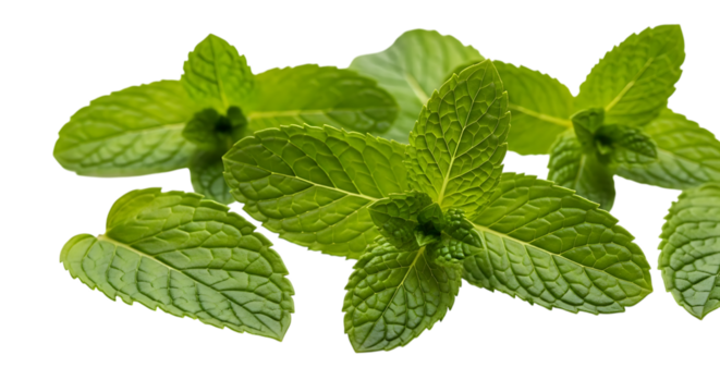 Fresh green mint leaves close up isolated on transparent background