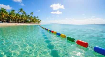 A colorful rope with multicolored buoys floating in the ocean near a tropical island with palm trees and a sandy beach.
