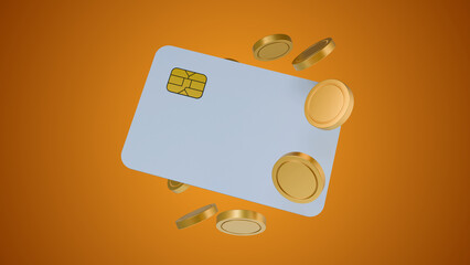 Credit or debit card and coins floating on a yellow background. Investment and finance concept illustration. Financial transactions e-commerce system auto payments. Online pay money bank transfer