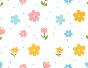 Fototapeta premium Whimsical floral pattern featuring colorful flowers and polka dots