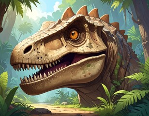Dinosaur illustration in lush jungle, focused on head, with earthy tones and spiky ridge