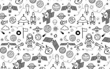 Space planet astronaut hand drawn doodle seamless pattern