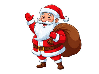 Cute cartoon santa claus waving hand and carrying large sack of gift isolated on transparent background