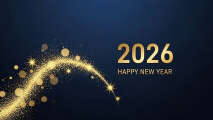 Elegant 2026 new year celebration background with golden glittering trail and dark blue backdrop for festive greetings and invitations