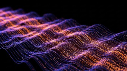 Abstract data wave with glowing nodes on a dark background, Futuristic abstract network with flowing blue lines and orange light