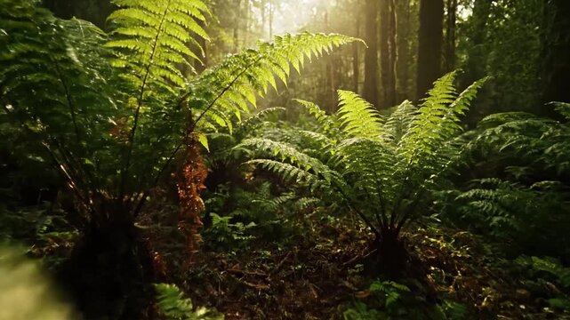 Close up of an unfurling fiddlehead fern, capturing the delicate spiral and tender, new green growth against a softly blurred forest background, symbolizing new beginnings.