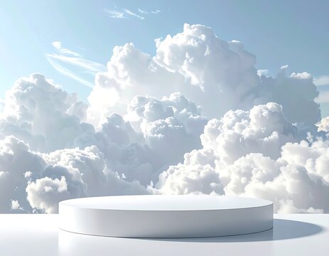 White platform against a backdrop of fluffy, white clouds in a blue sky