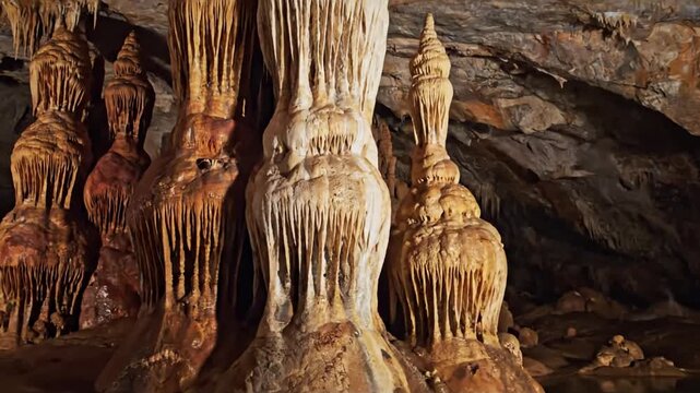 Subterranean Geological Formations: Capturing the intricate beauty and diverse shapes of mineral deposits hanging from cave ceilings, emphasizing their ancient, slow growth nature.