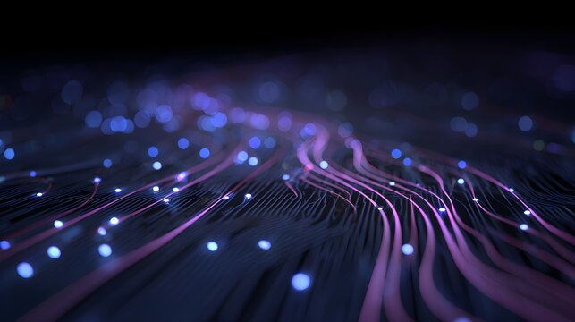 Abstract network connections, data flow, digital technology background with glowing lines and bokeh effects.