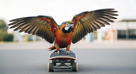 Colorful macaw parrot with wings spread wide standing on a skateboard outdoors bird