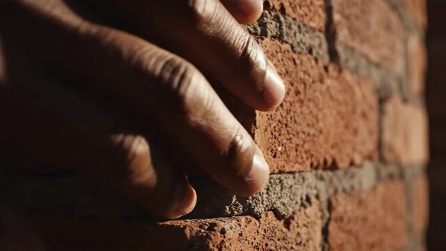 Closeup of a hand gripping a textured brick wall in warm sunlight showing determination and resilience with a focus on texture and strength against adversity and challenges