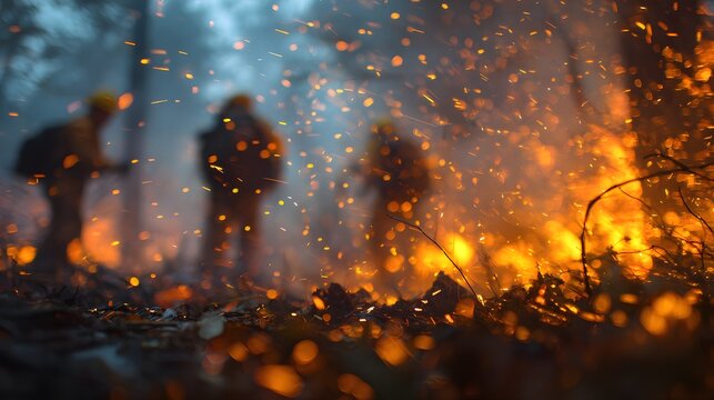 Wildland firefighters battling a raging forest fire, blurred action, dramatic and urgent scene