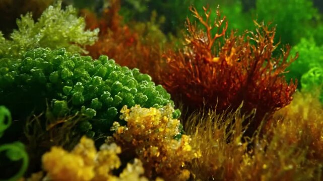 Vibrant green microalgae cells multiplying rapidly under a microscope, showcasing intricate cellular division and the dynamic growth of aquatic microorganisms.