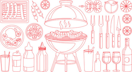 Red Outline Illustration of Barbecue Grill with Sausages, Pizza, Skewers, Drinks, Wine, and Condiments
