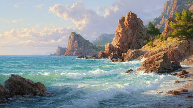 Stunning coastal landscape with rugged cliffs, crystal clear waters, and vibrant sunset sky over a serene ocean shoreline