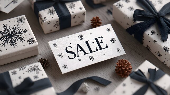 Festive winter sale promotion with elegantly wrapped gifts, pinecones, and a sale card. - Powered by Adobe
