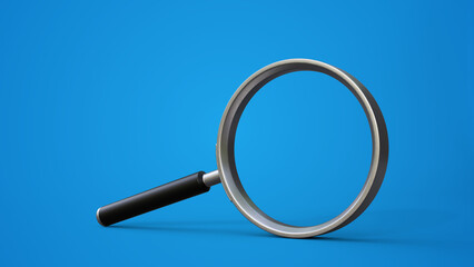 Magnifying glass isolated on a blue background. Symbol of search, zoom, analysis, inspection, investigation, research, business and discovery concept. 