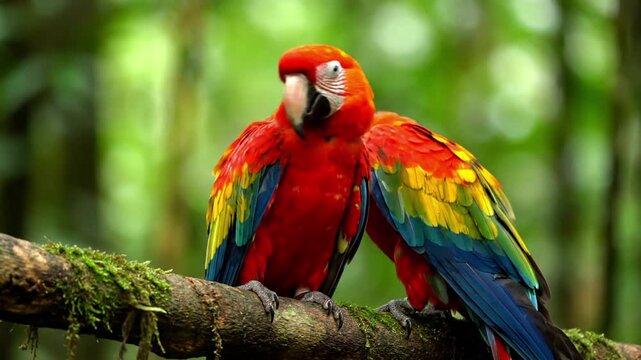 Observe a magnificent, brightly plumed avian species, showcasing its intricate feather patterns and brilliant hues against a lush, natural backdrop. Close up, detailed shot