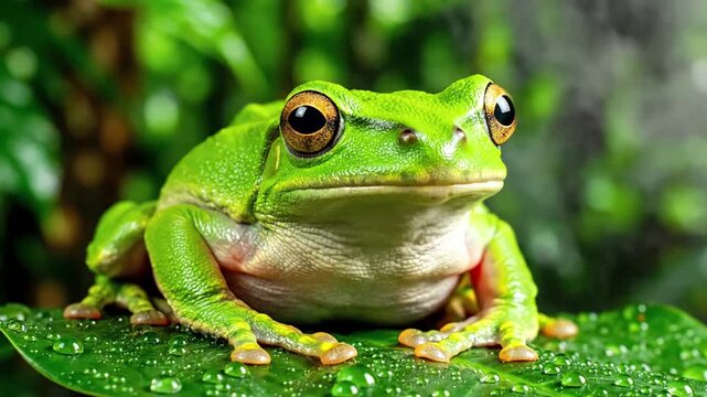 A wide shot of a serene pond surface, with lily pads and aquatic plants, as a small frog leaps gracefully from one pad to another, creating gentle ripples.