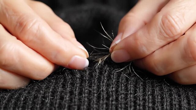 Close up of hands removing pilling from a dark knitted sweater to restore its appearance and extend its life through careful fabric care and maintenance
